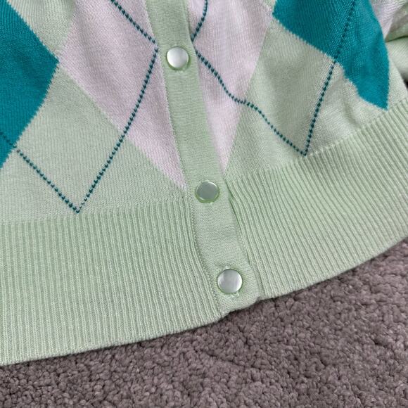 y2k New York & Company Cardigan Sweater L Green Argyle Plaid Button Up Preppy - Picture 10 of 11